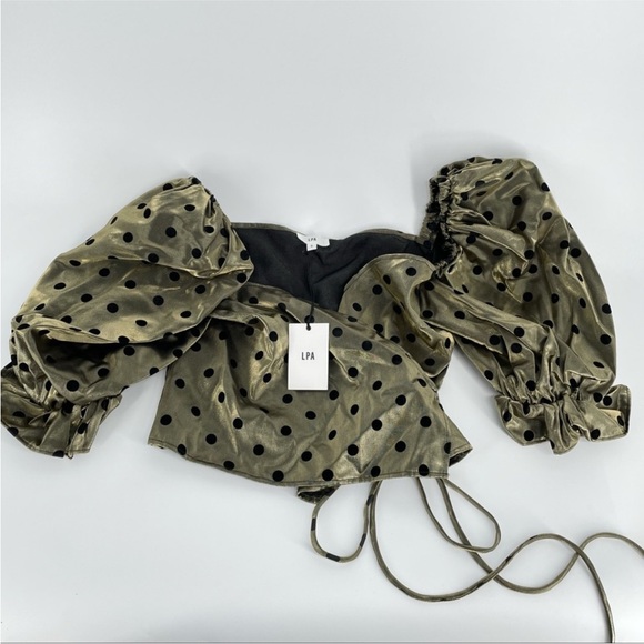 NWT LPA Coco Gold and Black Puffy Sleeve Polka Dots Wrap Top, Size Small - Picture 3 of 8
